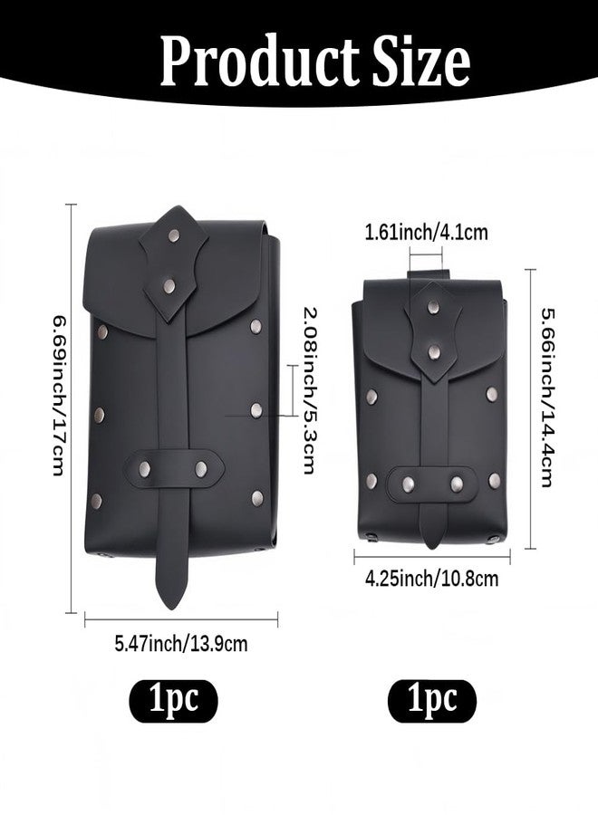 CALFOVERA 2PCS Medieval PU Leather Studded Belt Pouch Retro Renaissance Waist Bag Portable Viking Rivet Side Pack Adjustable Waist Pouch for Halloween Costume Cosplay LARP Events(Black) - Image 2